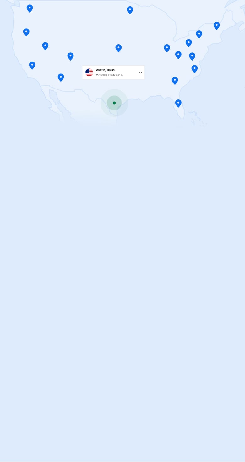 Carte des États-Unis avec des épingles indiquant la localisation des serveurs